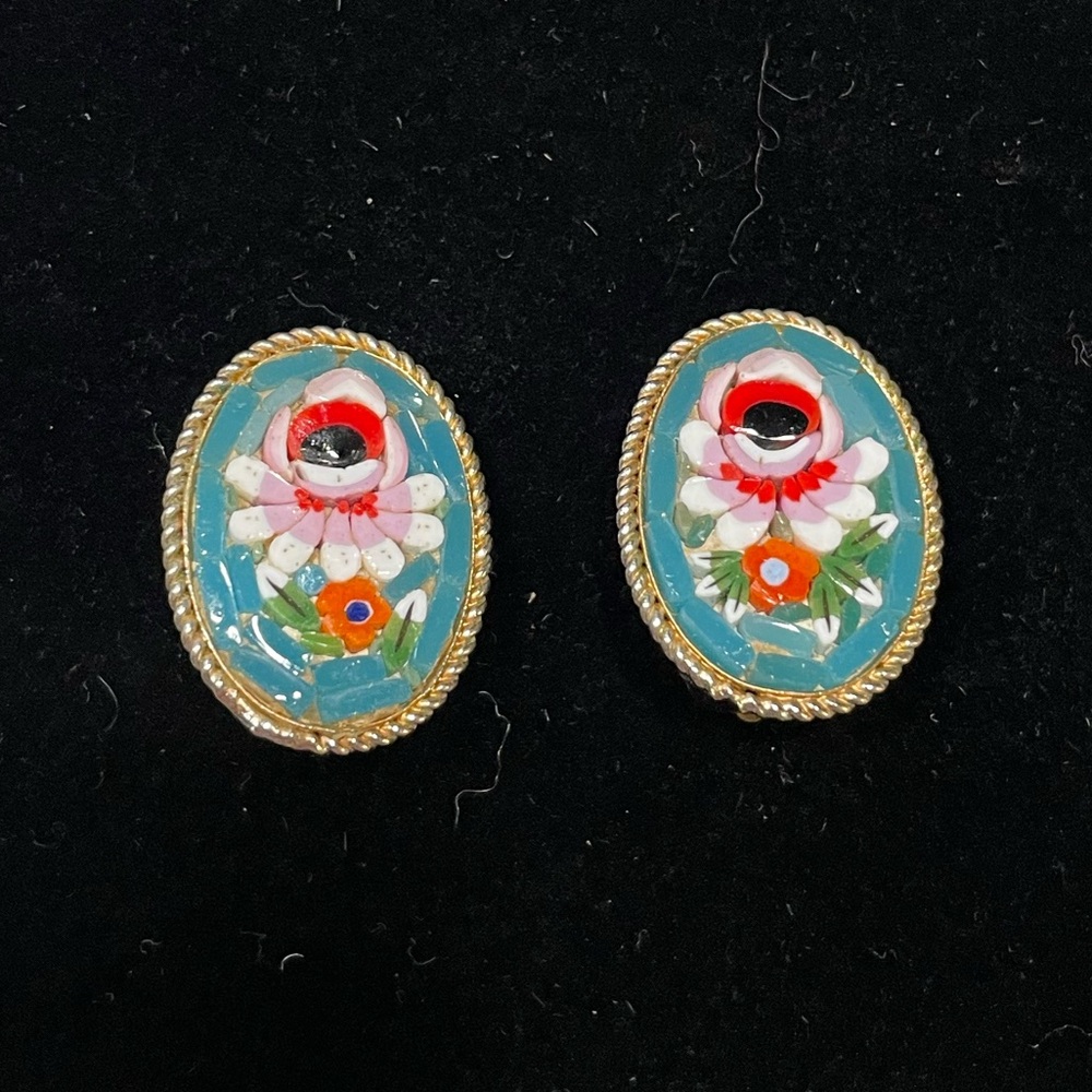 Vintage Floral Micromosaic Oval Clip-on Earrings